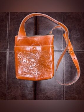 Patricia Nash Tooled Leather Crossbody in Cognac Brown